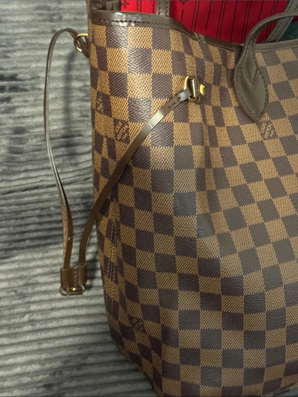 Brown Checkered Tote Bag with Red Interior